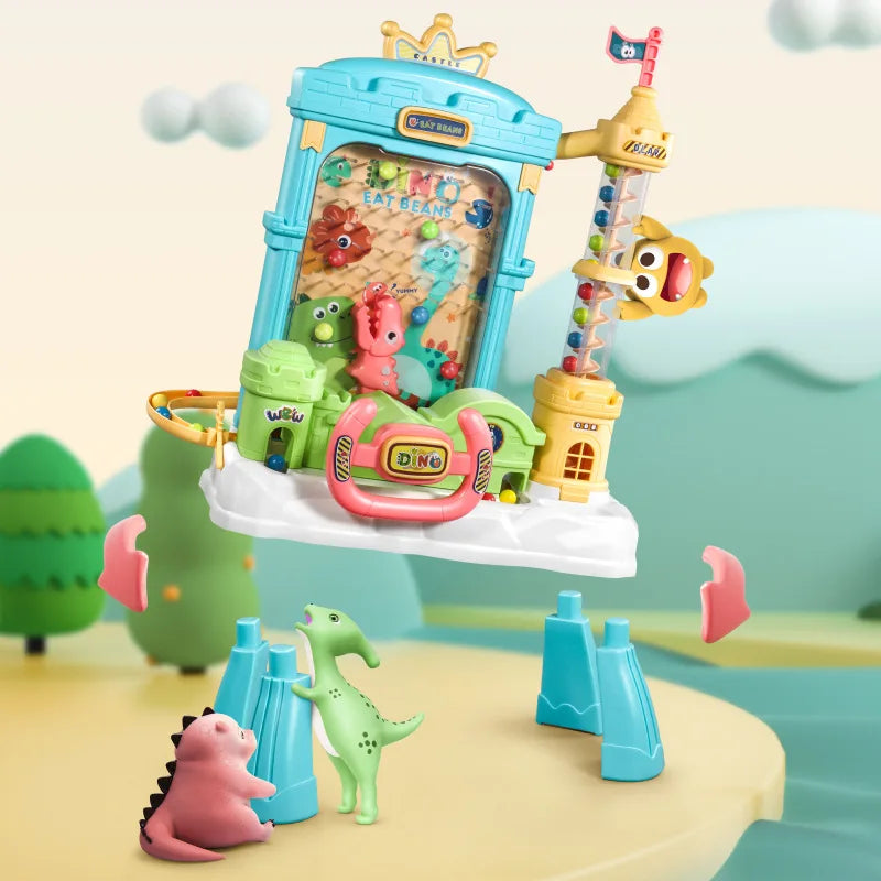 Blue castle-style ball catcher with support legs shown separately and curved arrows around the toy.