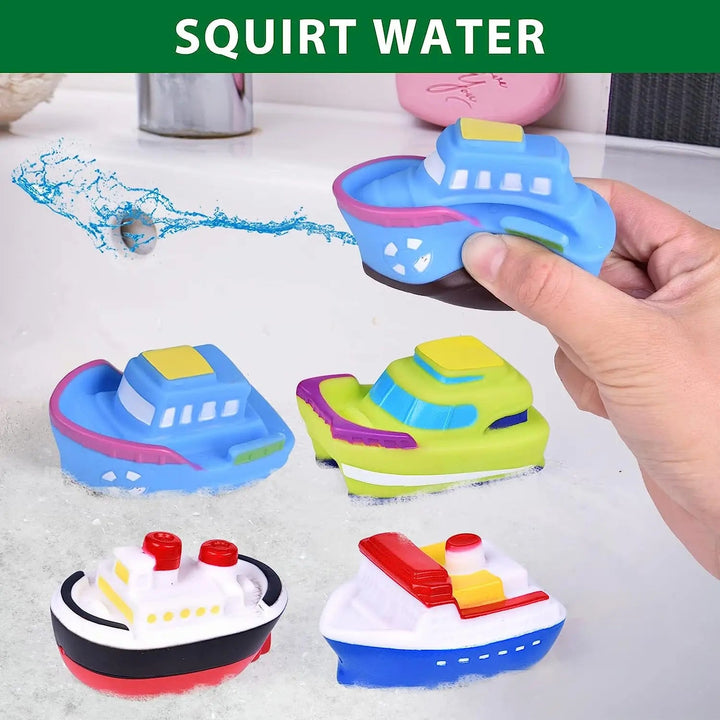 A blue bath boat squirts water beside other colorful toy boats