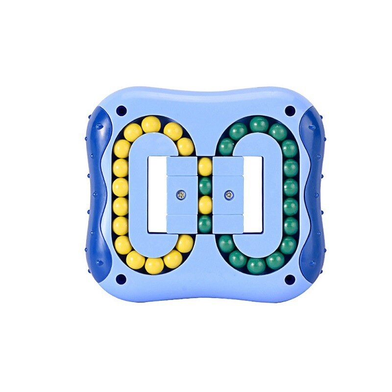 Blue bead puzzle with yellow and green beads in two oval tracks.
