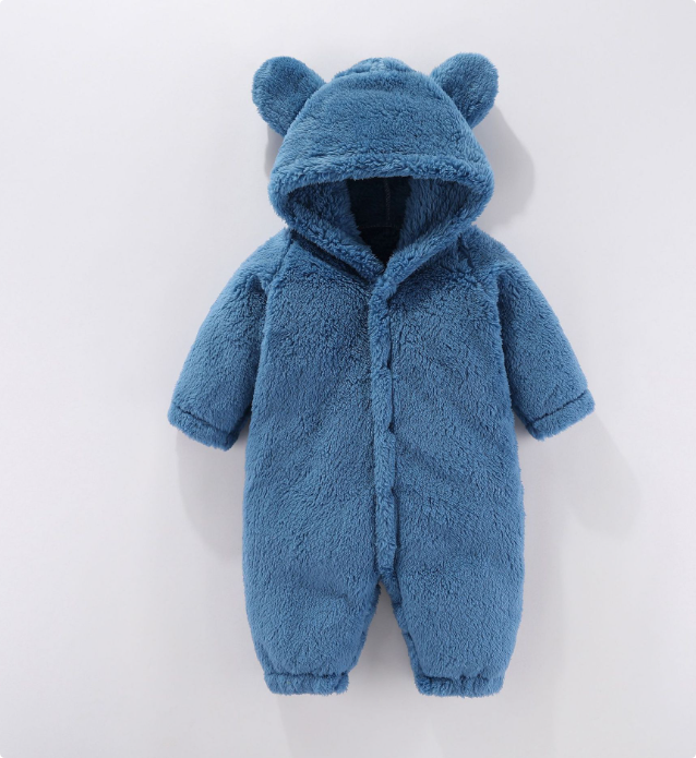 Blue fleece baby romper with a bear-ear hood and front button closure