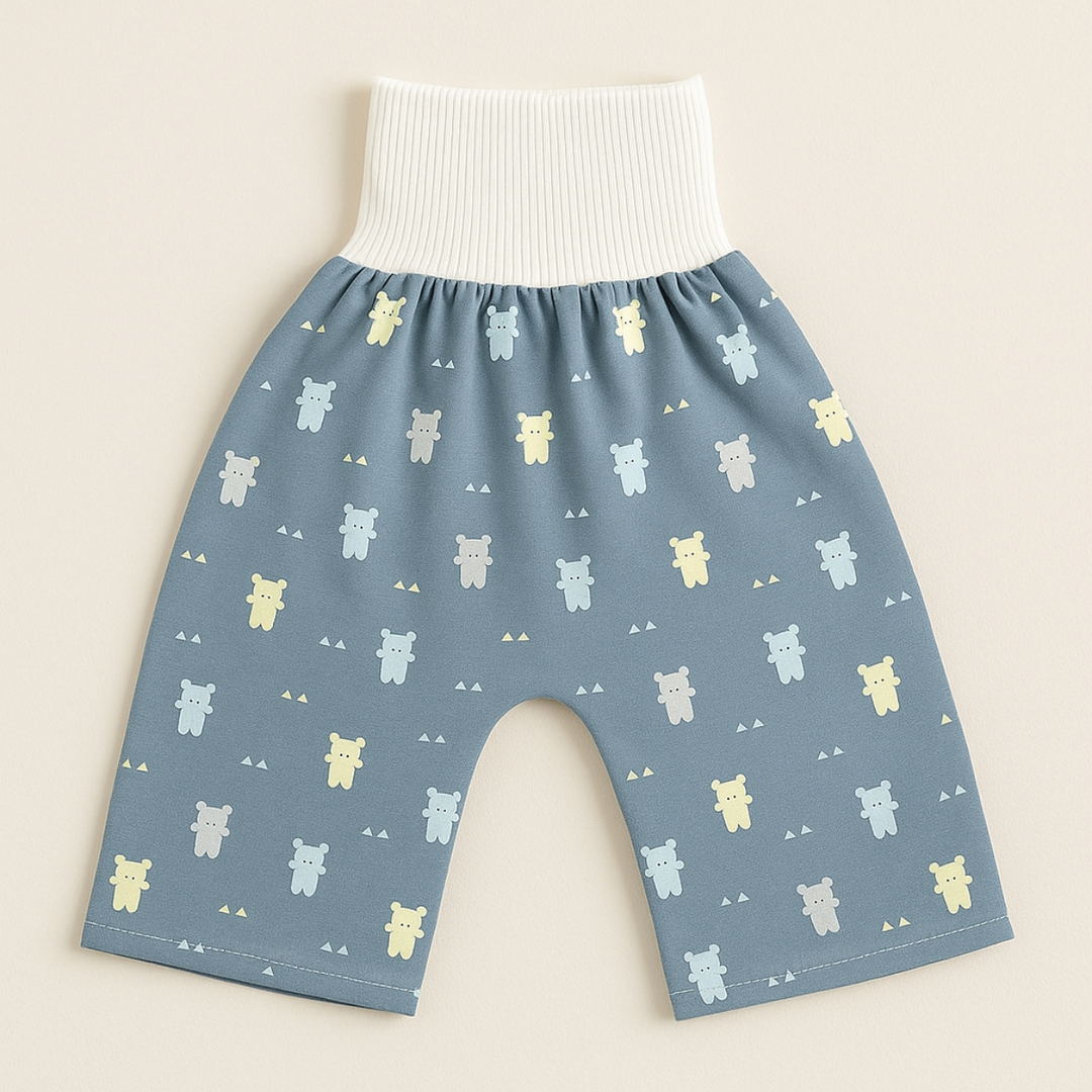 Blue bear-print training pants with a white ribbed waistband