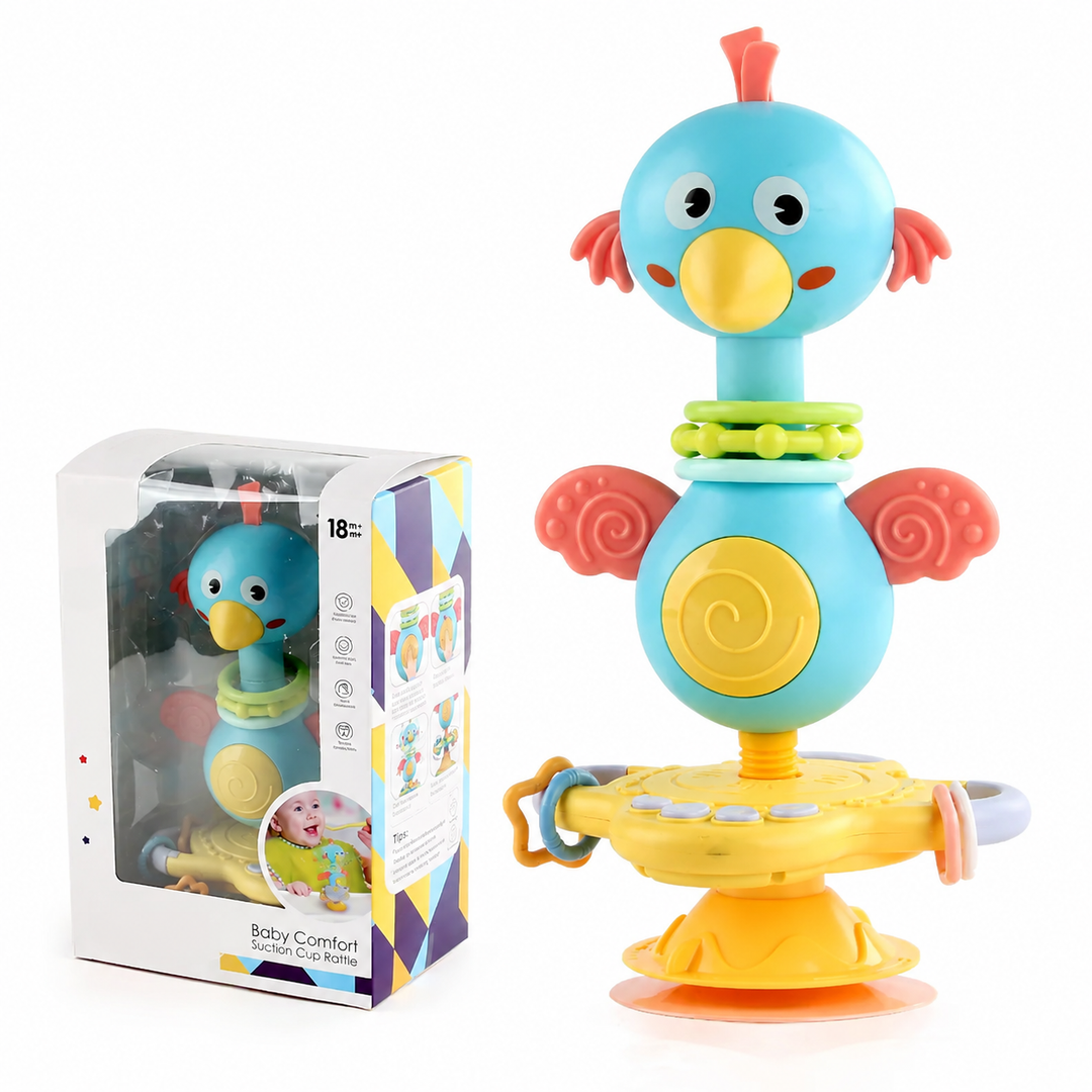 Blue bird rattle with hanging rings and a suction cup base, shown beside its box