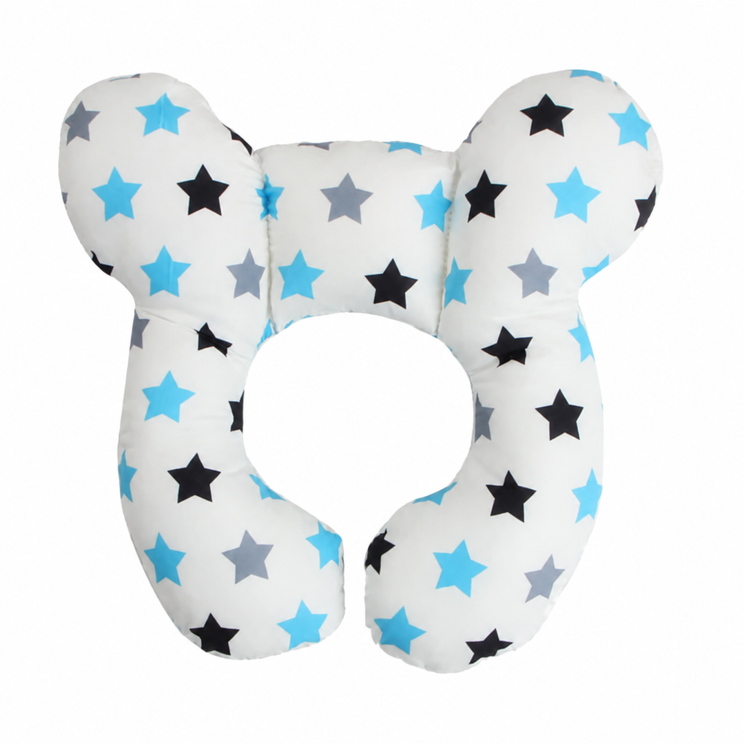 Blue, black, and gray star-print pillow with a circular center opening