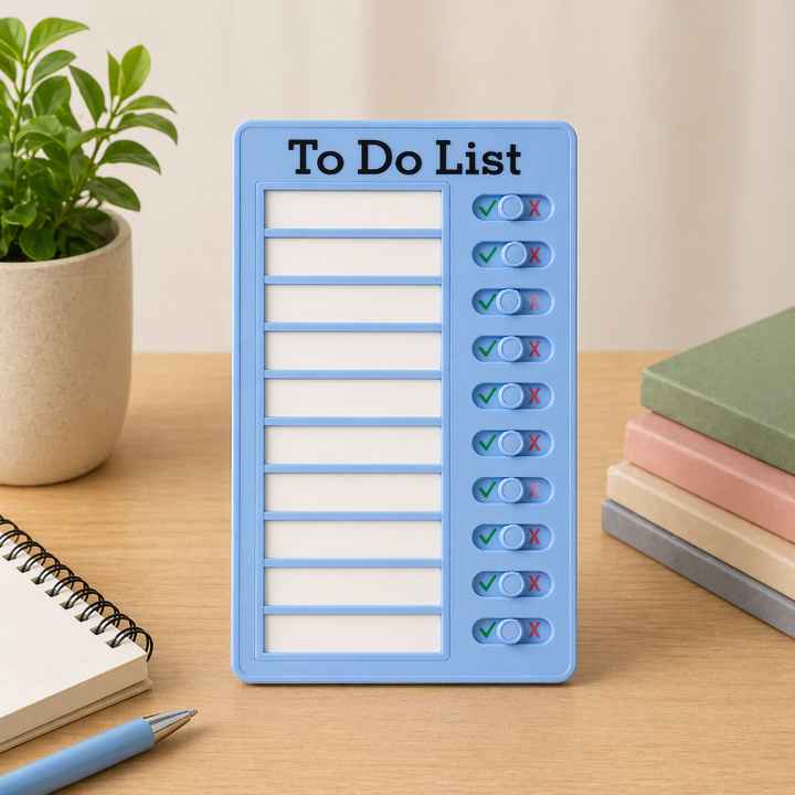 Blue chore chart with ten blank task spaces and sliding switches.
