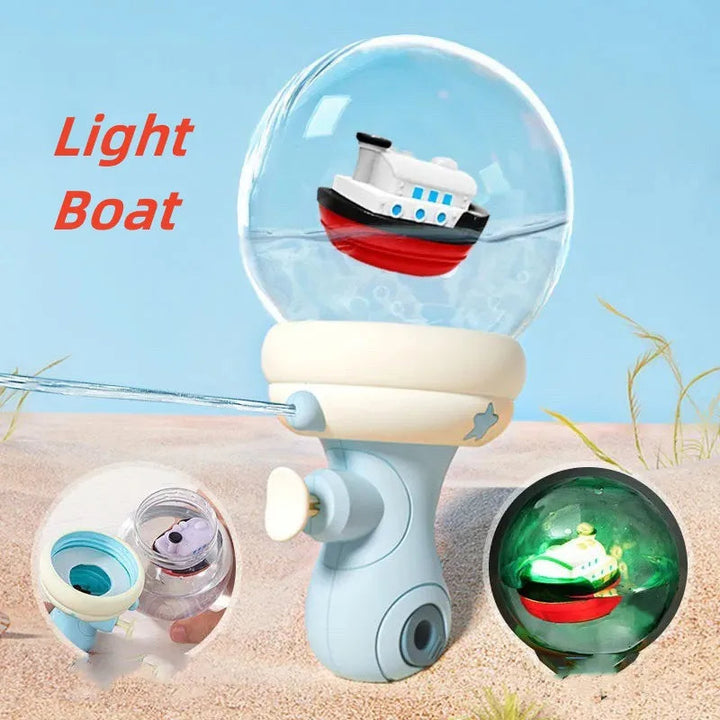Blue boat water gun with a red-and-white boat inside the globe and a green light-up inset
