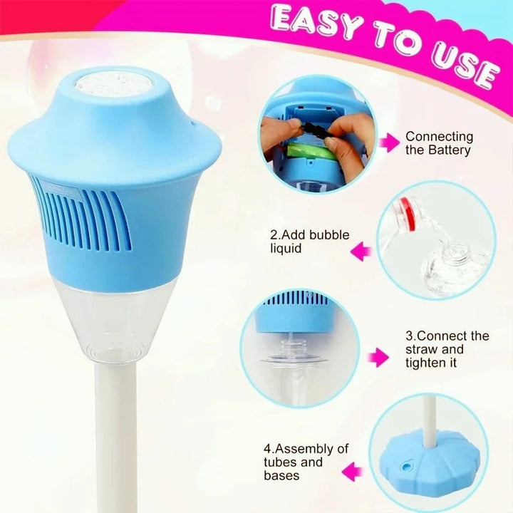 Blue bubble lamp with steps for connecting the battery, adding bubble liquid, and assembling the pole and base.