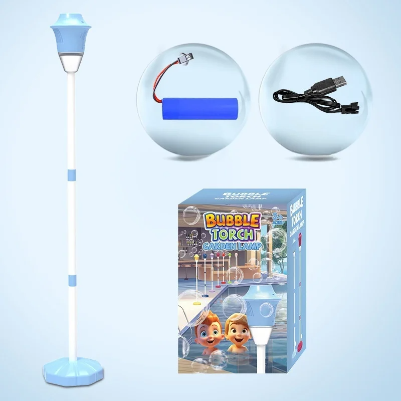 Blue bubble lamp with a matching base, battery, USB cable, and retail box.