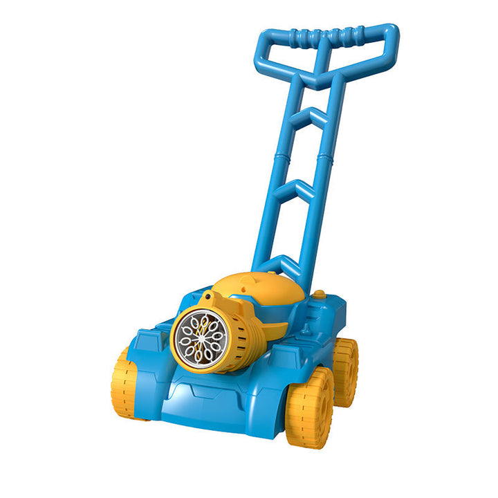 Blue bubble lawn mower with yellow wheels and a blue push handle