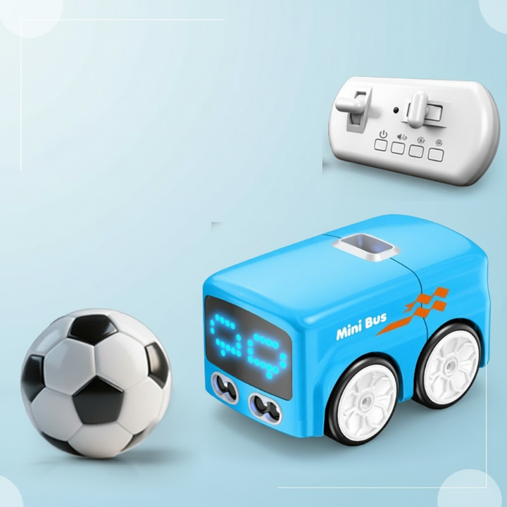 Blue mini bus with a light-up face, handheld controller, and soccer-pattern ball