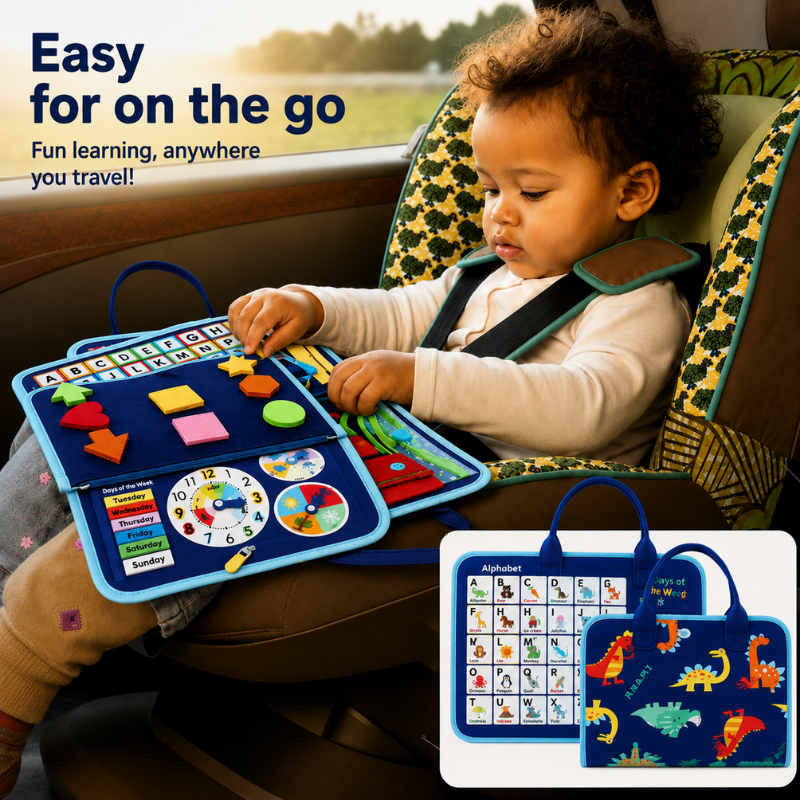 Child exploring shape and clock activities on a blue busy board during a car ride.