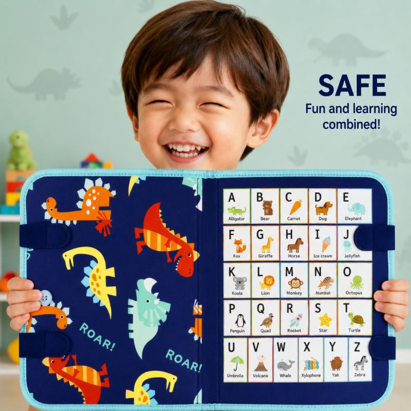 Blue felt busy board held open to dinosaur and alphabet panels.