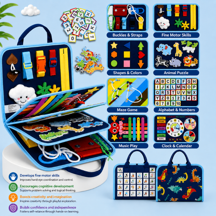 Blue busy board with activity panels for fasteners, shapes, animal matching, letters, and a clock.