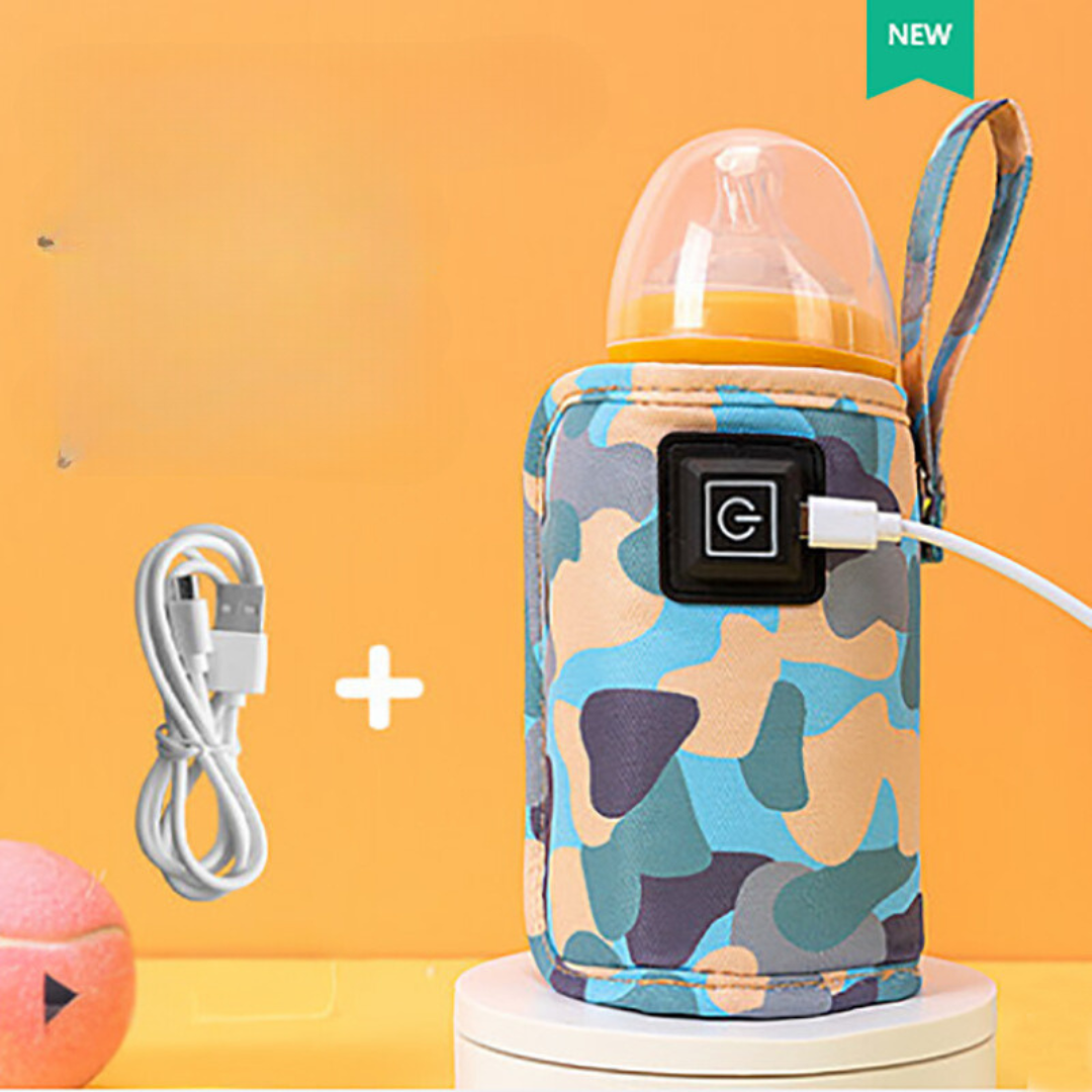 Blue camouflage bottle warmer with front control, carry loop, and USB cable.
