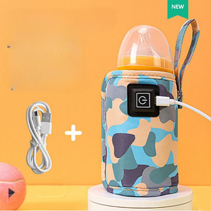 Blue camouflage bottle warmer with front control, carry loop, and USB cable.