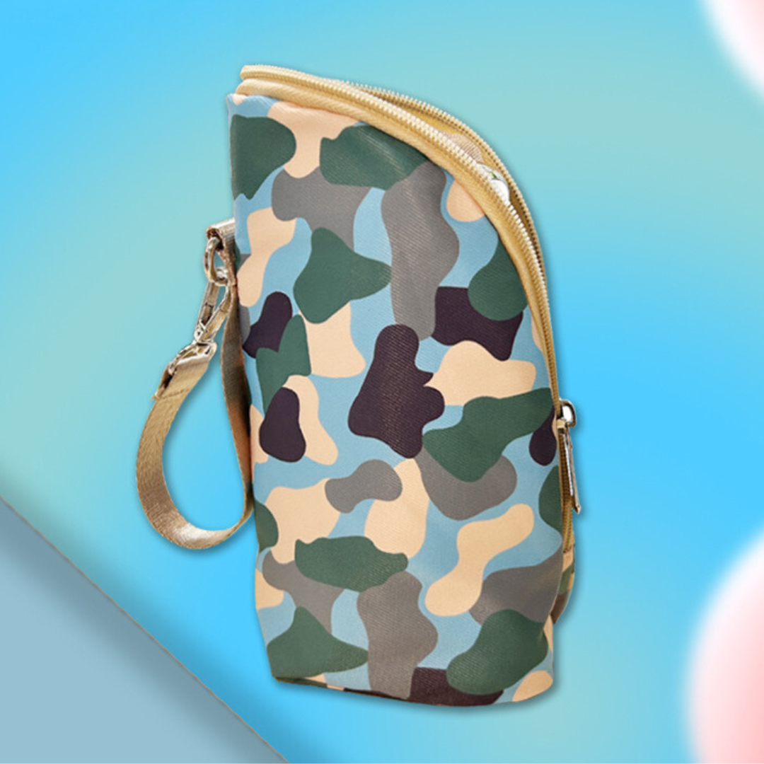 Blue camouflage zippered bottle-warmer pouch with a wrist strap.