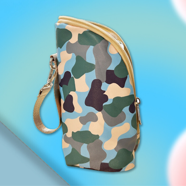 Blue camouflage zippered bottle-warmer pouch with a wrist strap.
