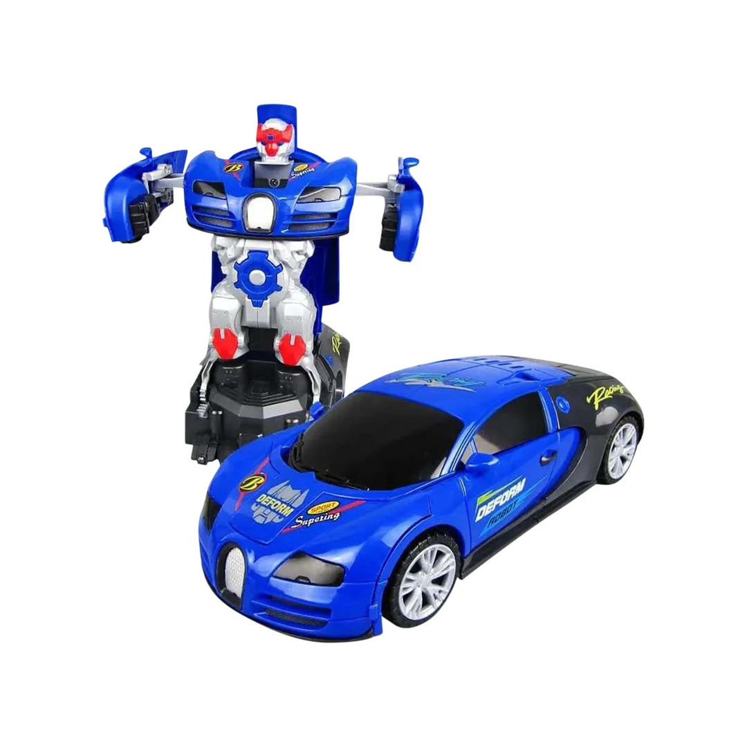 Blue transforming sports car shown beside its blue and silver robot form