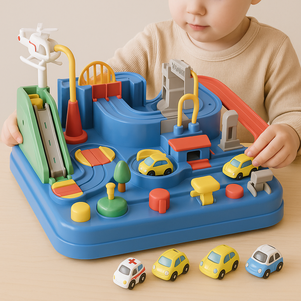Child using the controls on a blue car track playset with four mini cars nearby