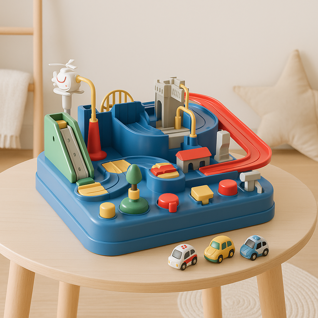 Blue car track playset on a round table with a helicopter crane and mini cars