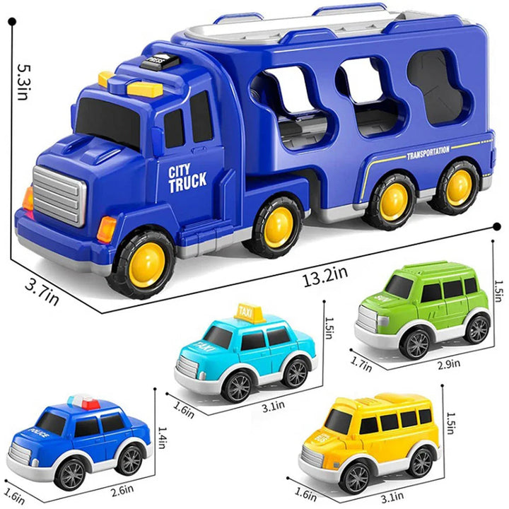 Blue toy carrier measuring 13.2 inches long, 3.7 inches wide, and 5.3 inches tall, shown with small city vehicles