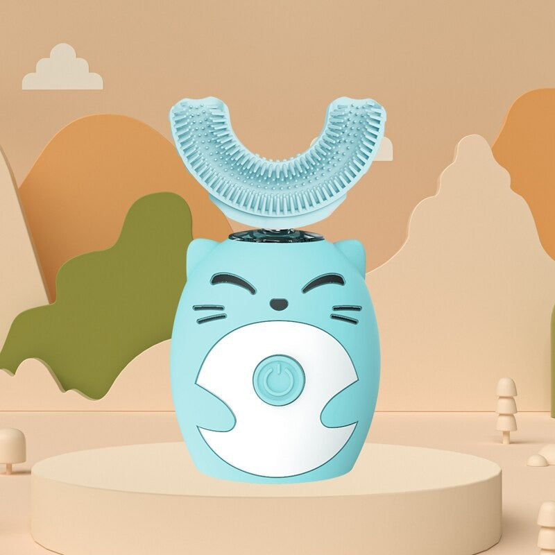Blue kids' electric toothbrush with a cat-shaped handle and U-shaped brush head