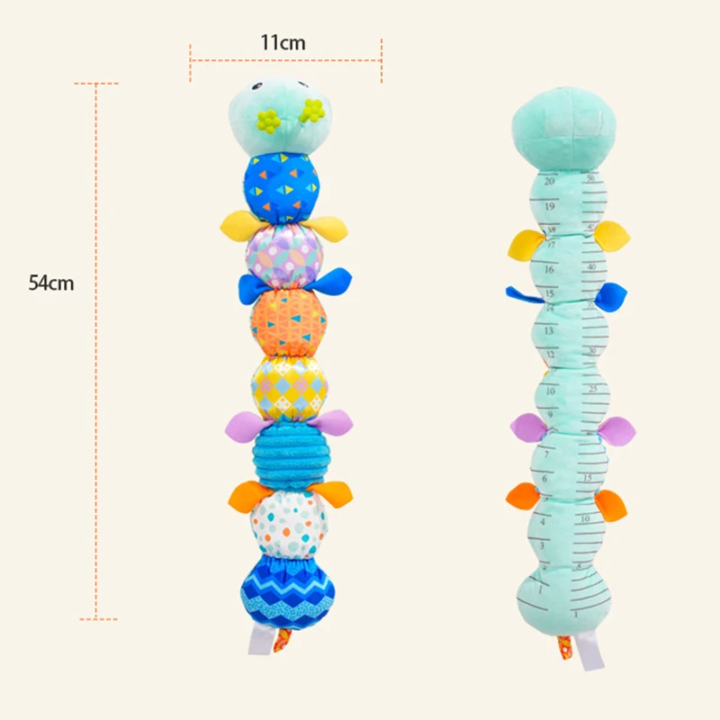 Front and back views of a blue caterpillar rattle labeled 54 cm long and 11 cm wide