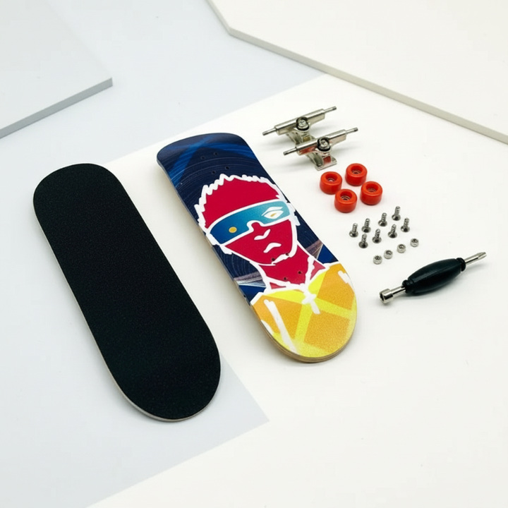 Blue character-print fingerboard deck with black grip pad, red wheels, trucks, hardware, and a tool.
