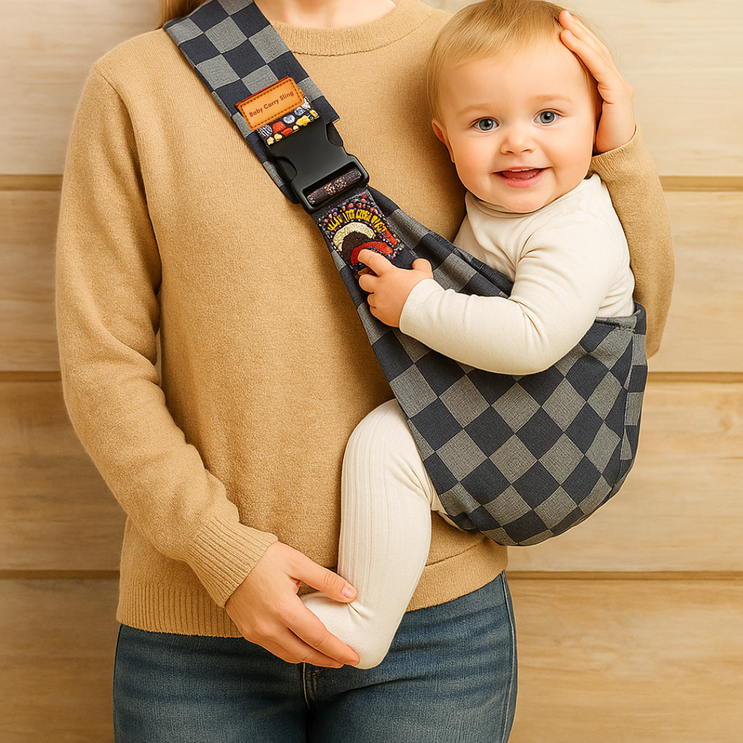 Adult holding a child in a blue checkered crossbody hip carrier