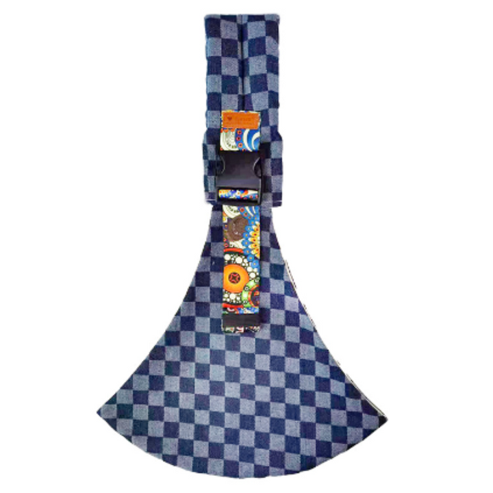 Blue checkered hip carrier with an adjustable buckle and colorful strap detail