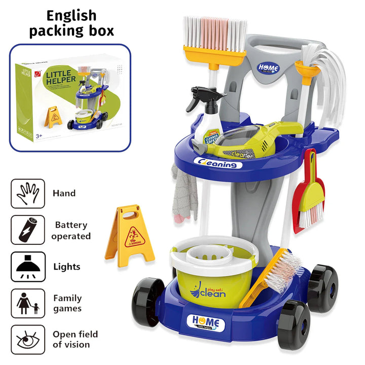 Blue toy cleaning trolley with broom, mop, bucket, pretend handheld vacuum, and packaging
