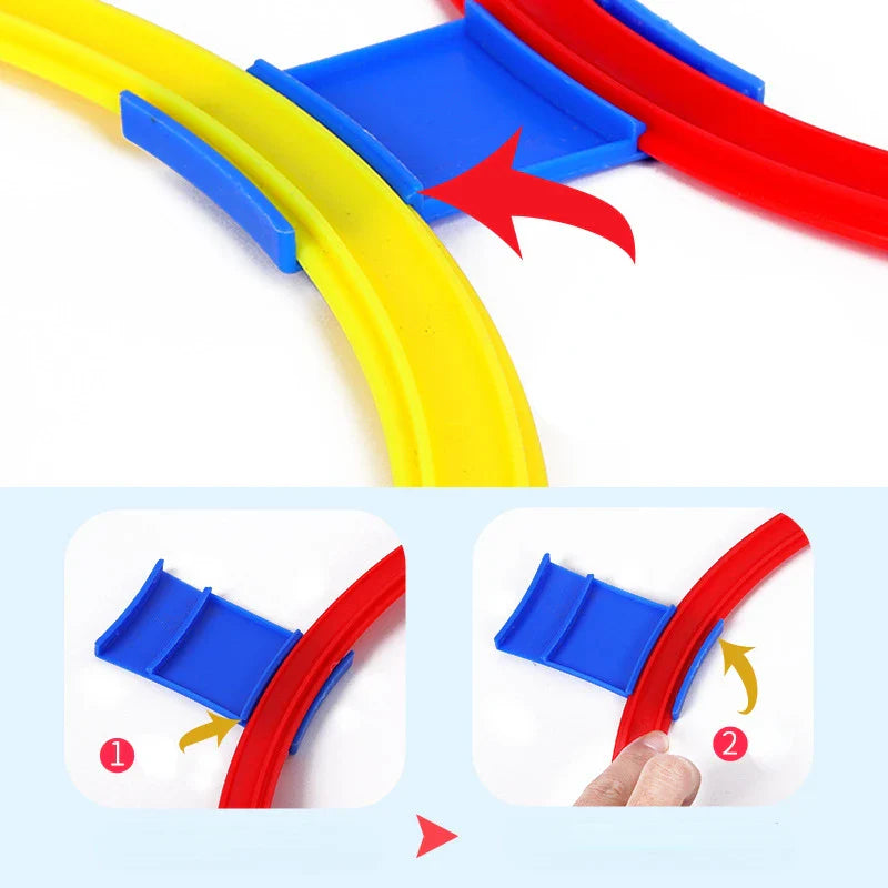 Close-up of a blue clip joining red and yellow hoops, with attachment steps below