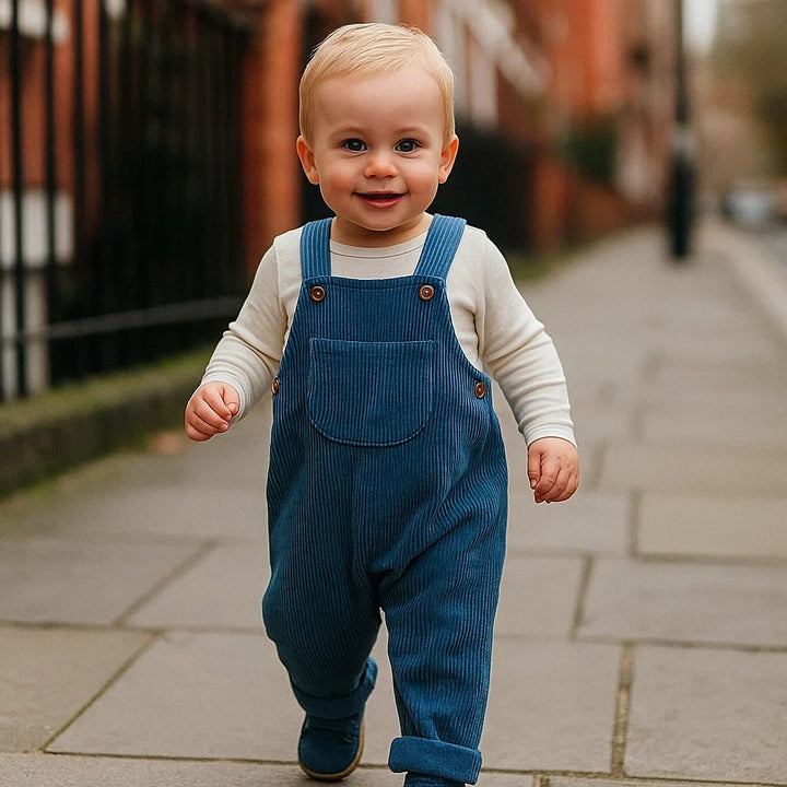 Toddler wearing blue corduroy overalls over a light long-sleeve top outdoors