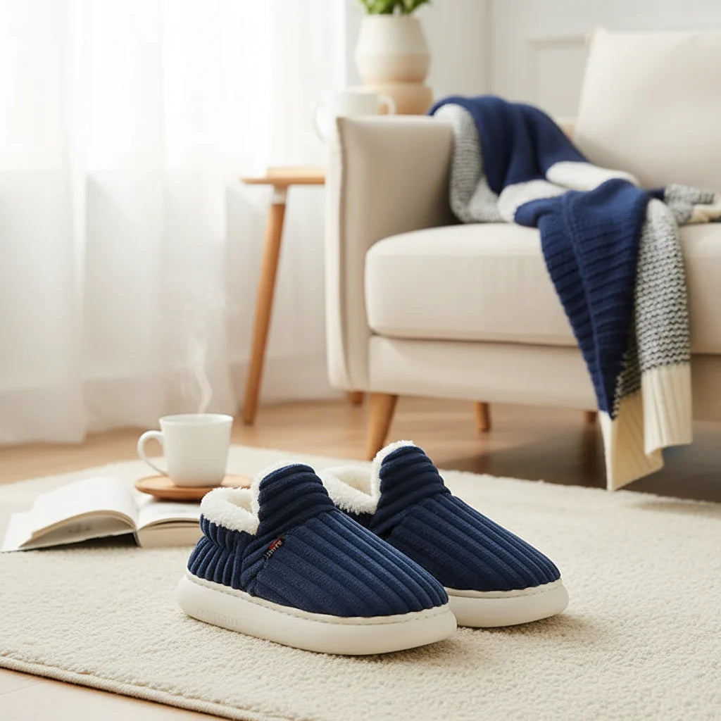 Blue corduroy slippers with white soles on a rug near a chair.