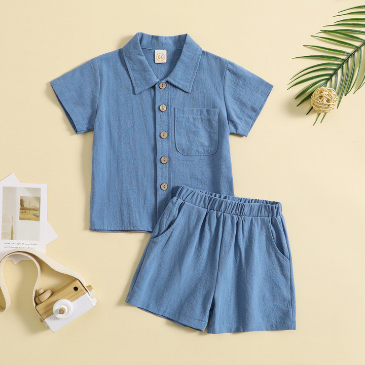 Blue cotton shirt and shorts set with a collar, button front, and chest pocket