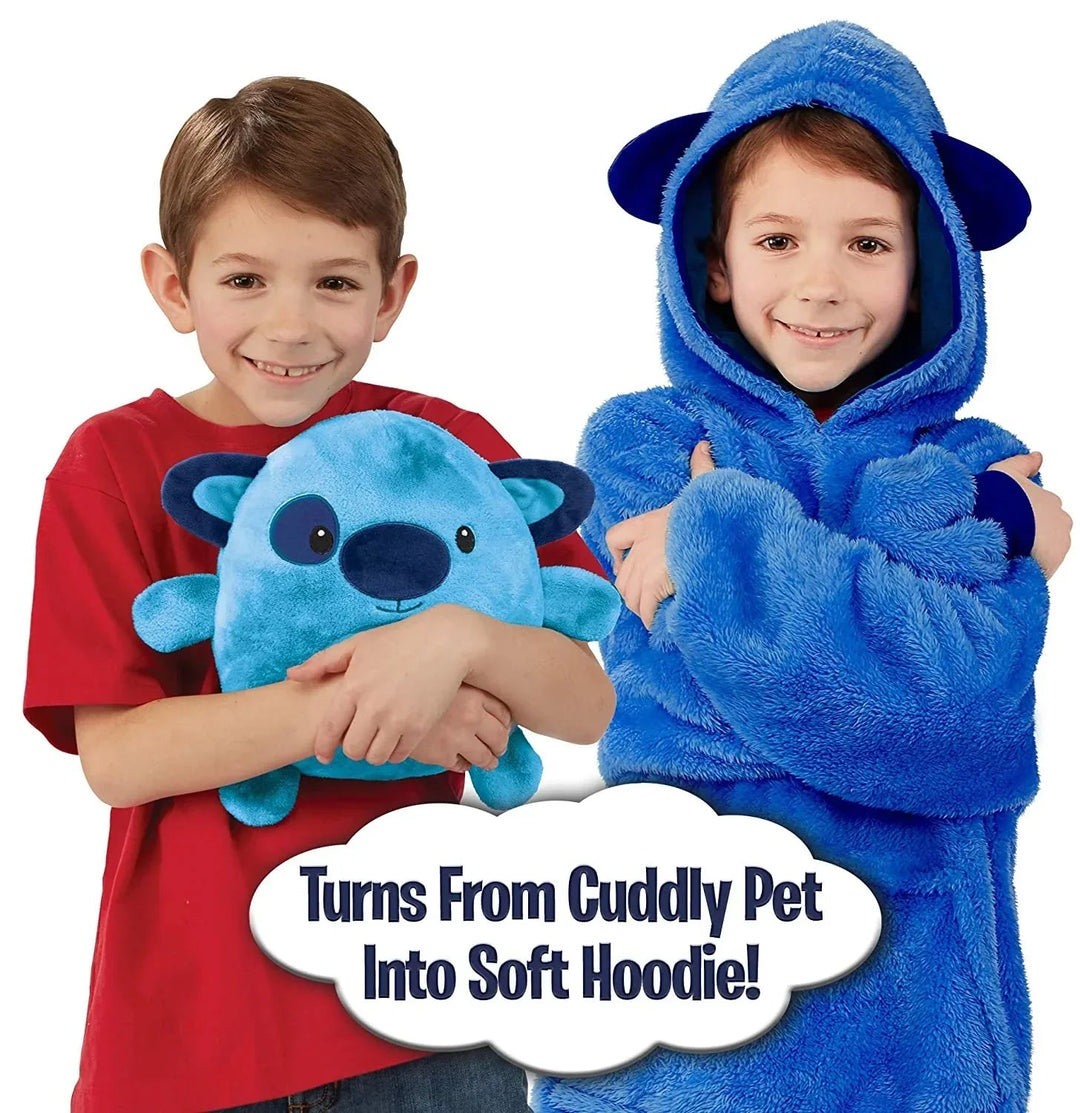 Two children showing the blue creature hoodie and its matching plush toy.