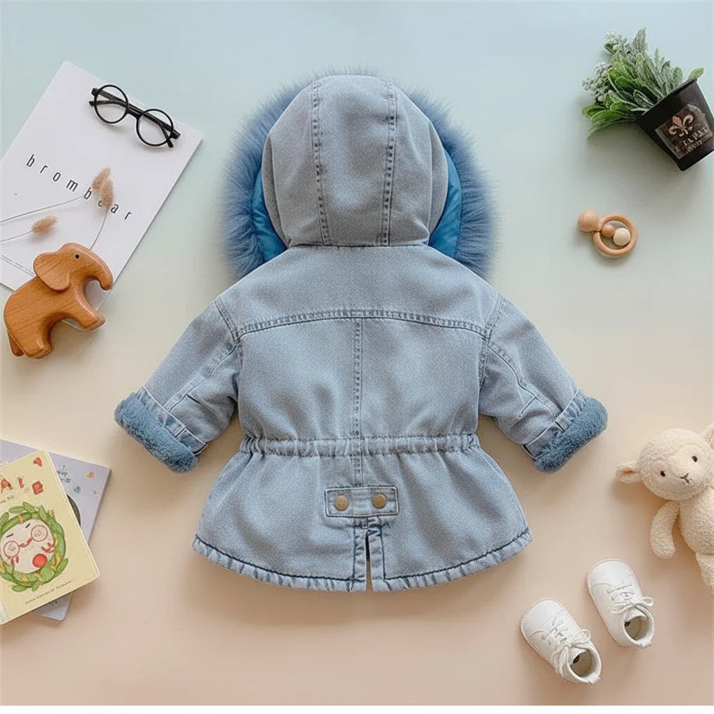 Back view of a blue denim-look hooded coat with a gathered waist
