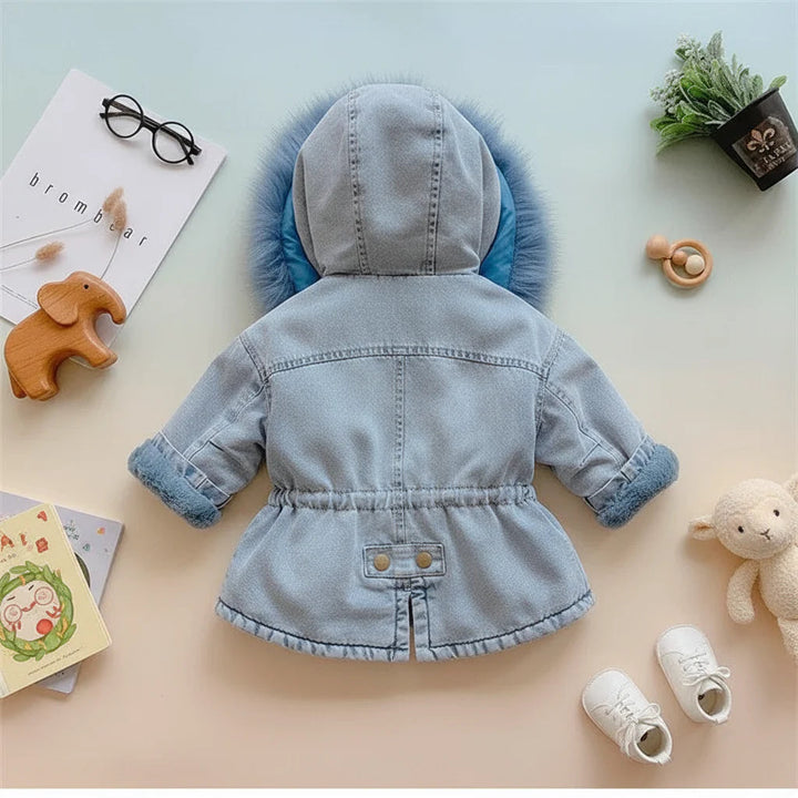 Back view of a blue denim-look hooded coat with a gathered waist