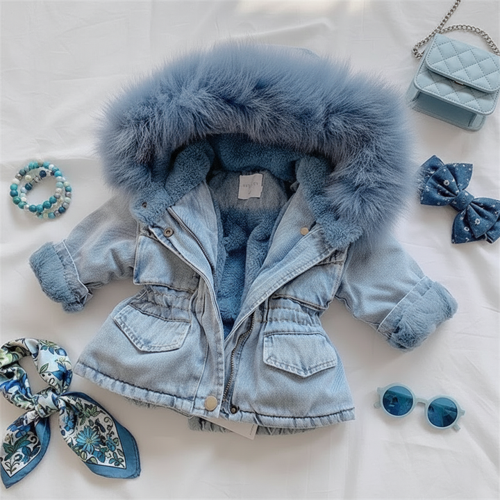 Blue denim-look winter coat with a plush-trimmed hood and front flap pockets
