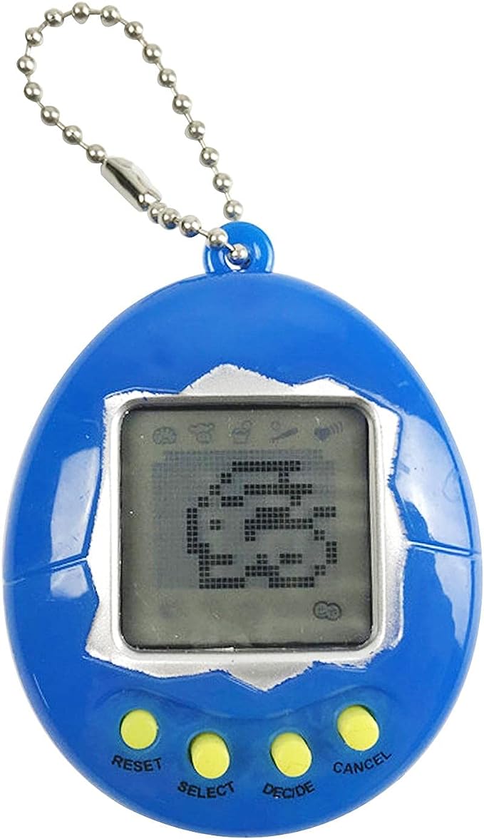 Blue digital pet keychain with a pixel character on the screen and four yellow buttons.