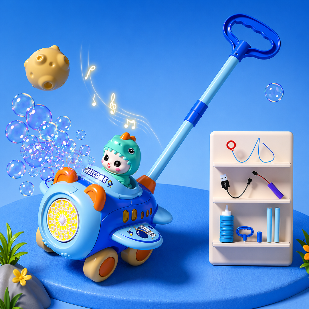 Blue airplane-style bubble push cart with a dinosaur character and a long blue handle.