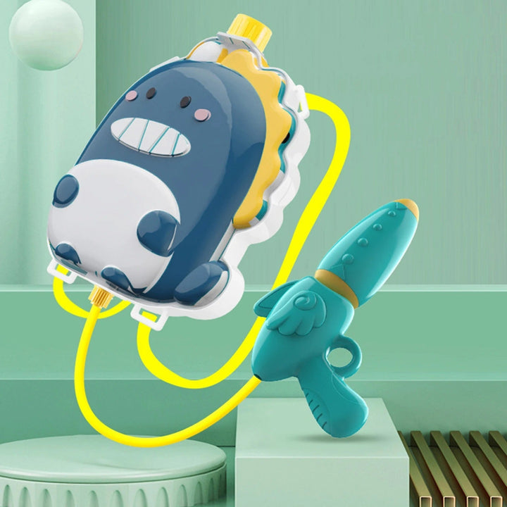 Blue dinosaur backpack water tank with a turquoise blaster and yellow hose