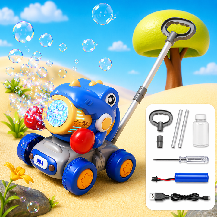 Blue dinosaur bubble push cart with gray handle, blue wheels and front bubble outlet.