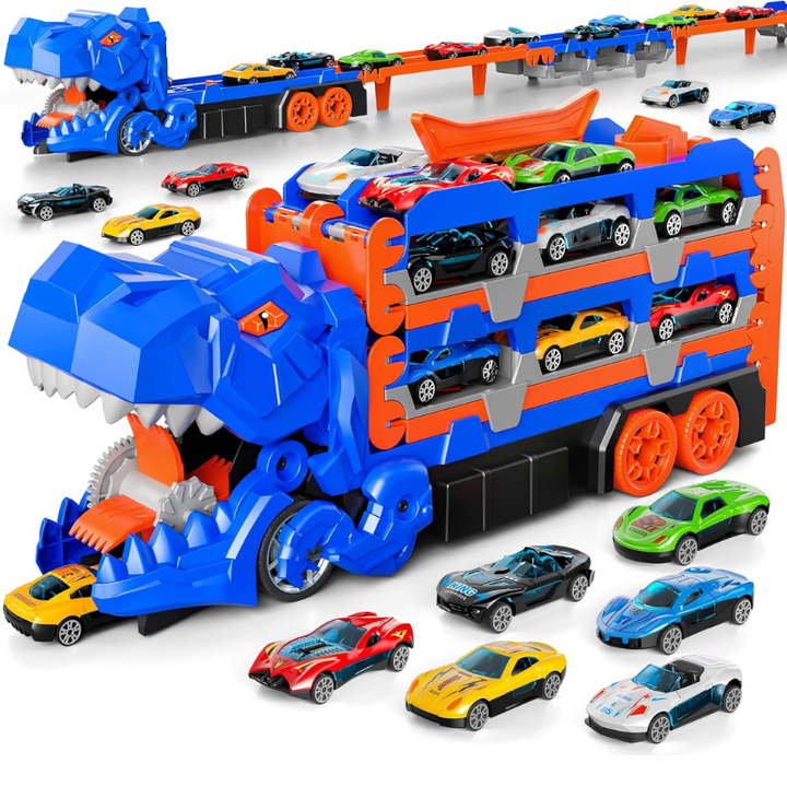 Blue dinosaur transport truck with side car storage, an extended racetrack, and racing cars.