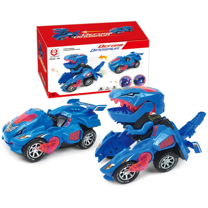 Blue transforming toy car in car and dinosaur robot modes beside its box