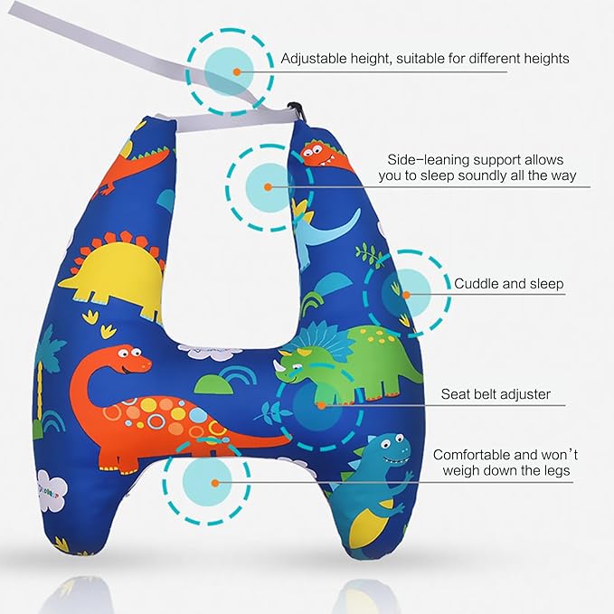 Blue dinosaur-print H-shaped pillow with callouts showing adjustable height and side support