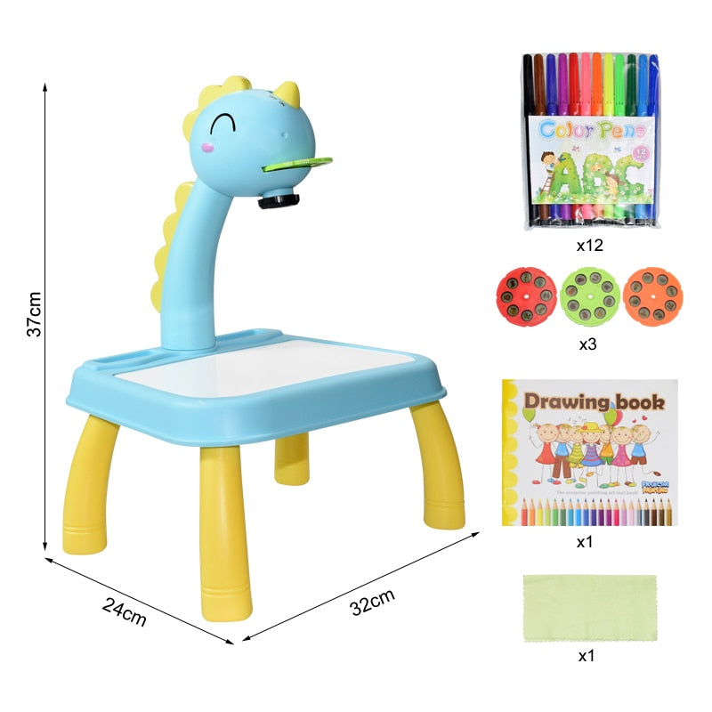 Blue dinosaur drawing projector with yellow legs, measurements, picture discs and coloring supplies