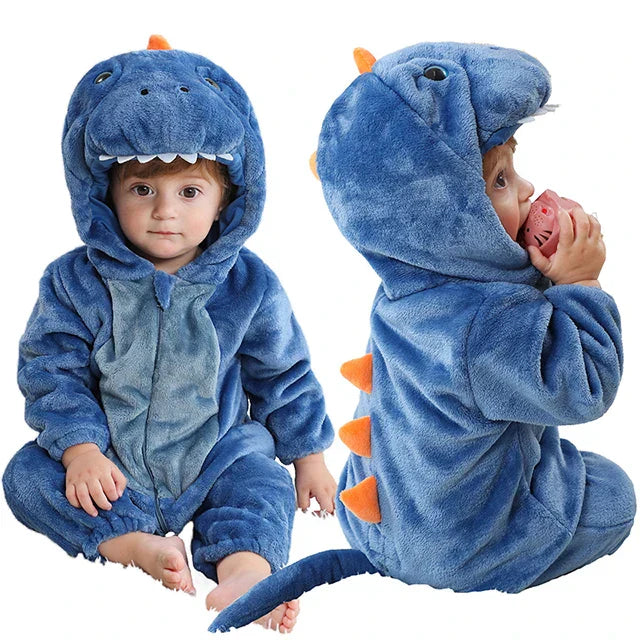 Front and side views of a blue dinosaur baby romper with orange back spikes and a tail.