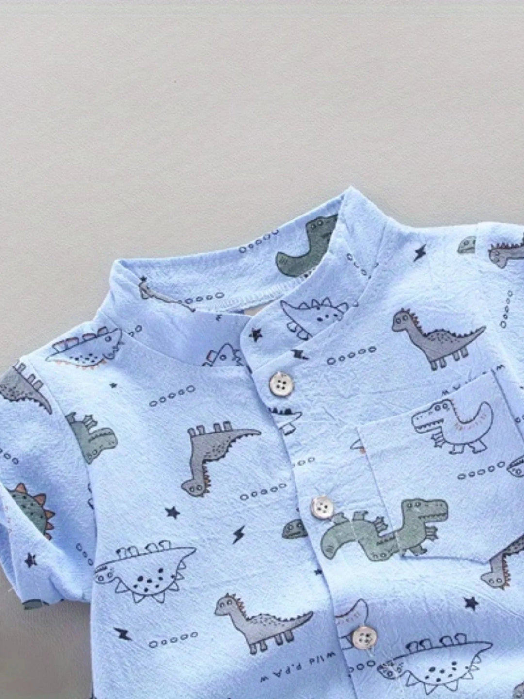 Close-up of the blue dinosaur shirt&