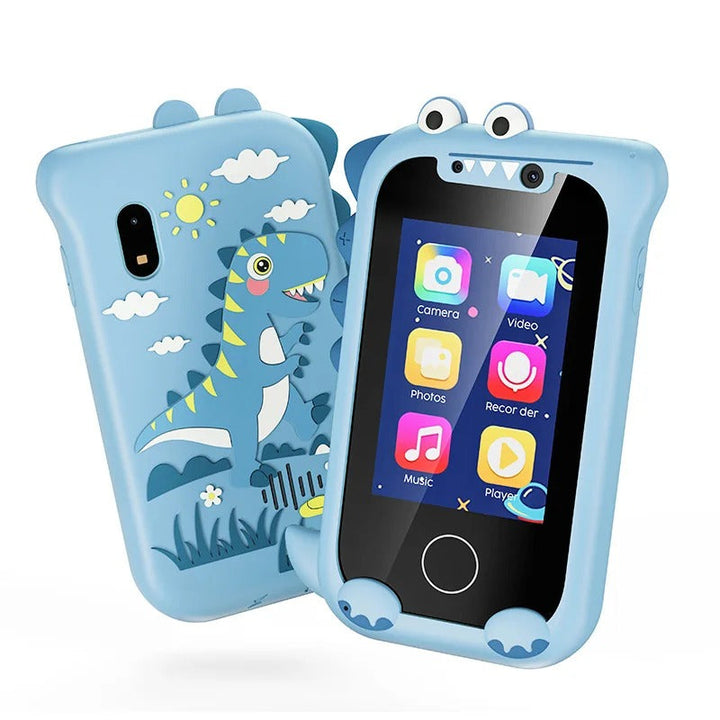 Blue dinosaur toy phone with colorful touchscreen icons and a matching illustrated back