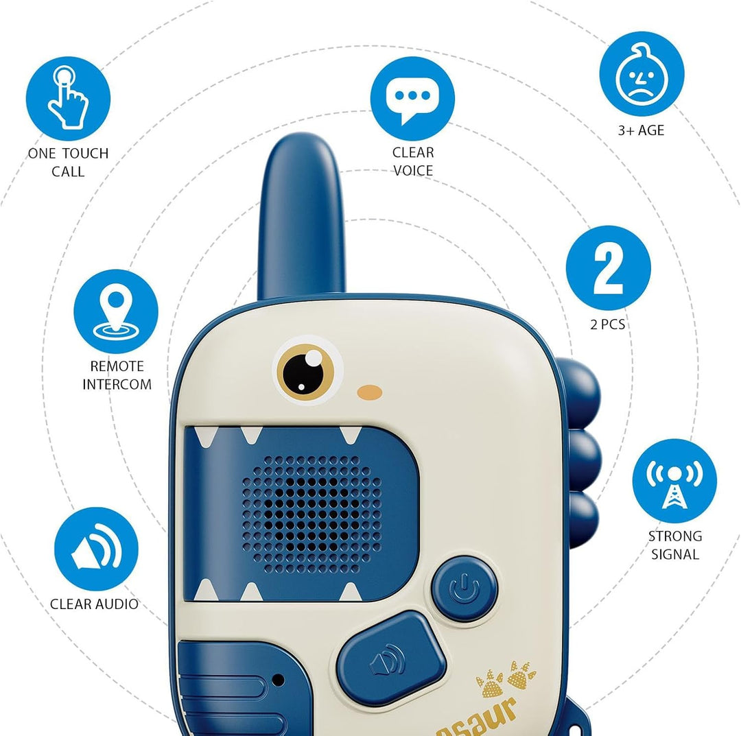 Blue dinosaur walkie-talkie with feature icons for calling, audio, a two-piece set, and ages 3+
